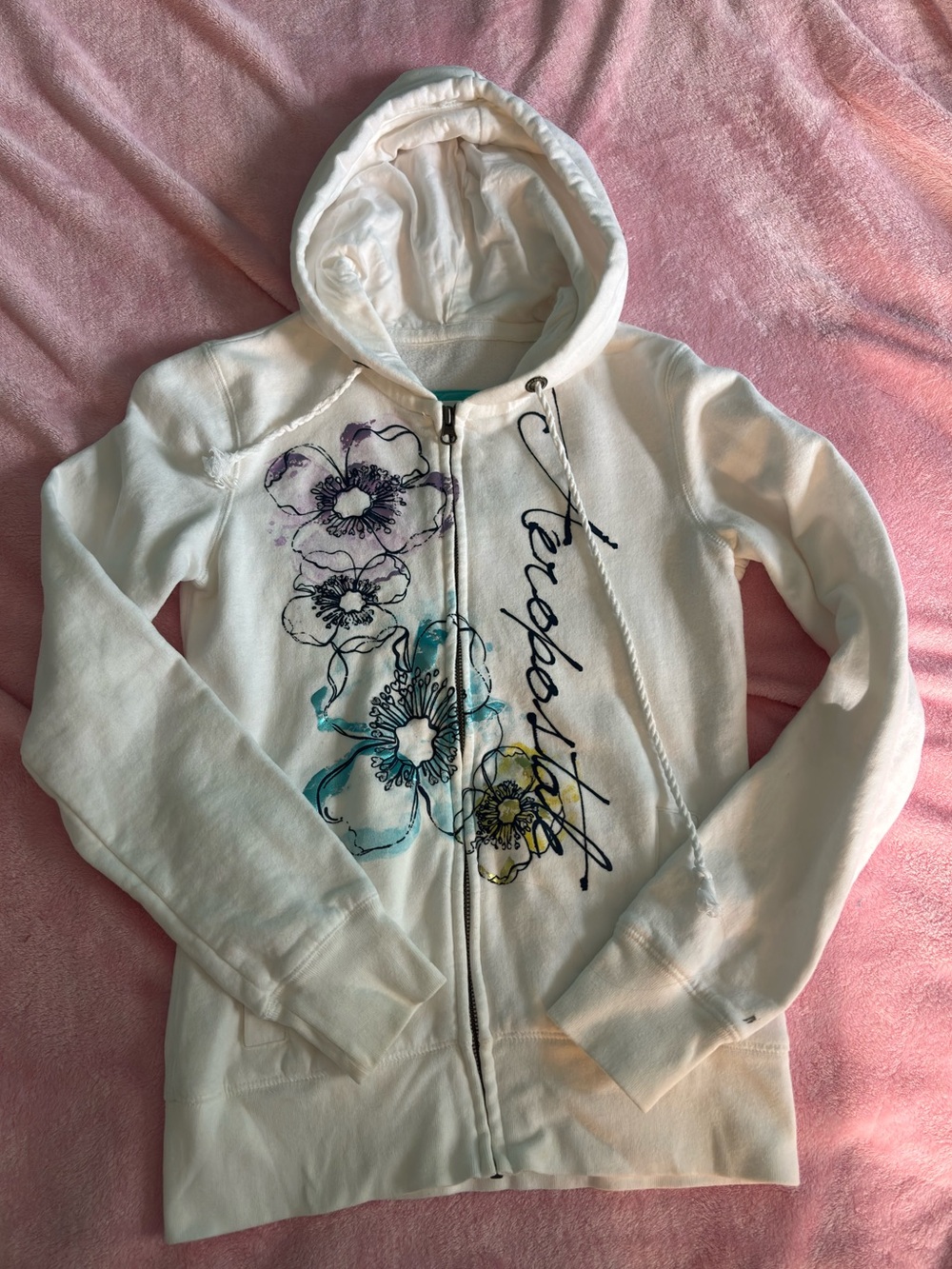 Vintage Aeropostale White Watercolor Floral Grunge Graphic Zip-Up Hoodie Small